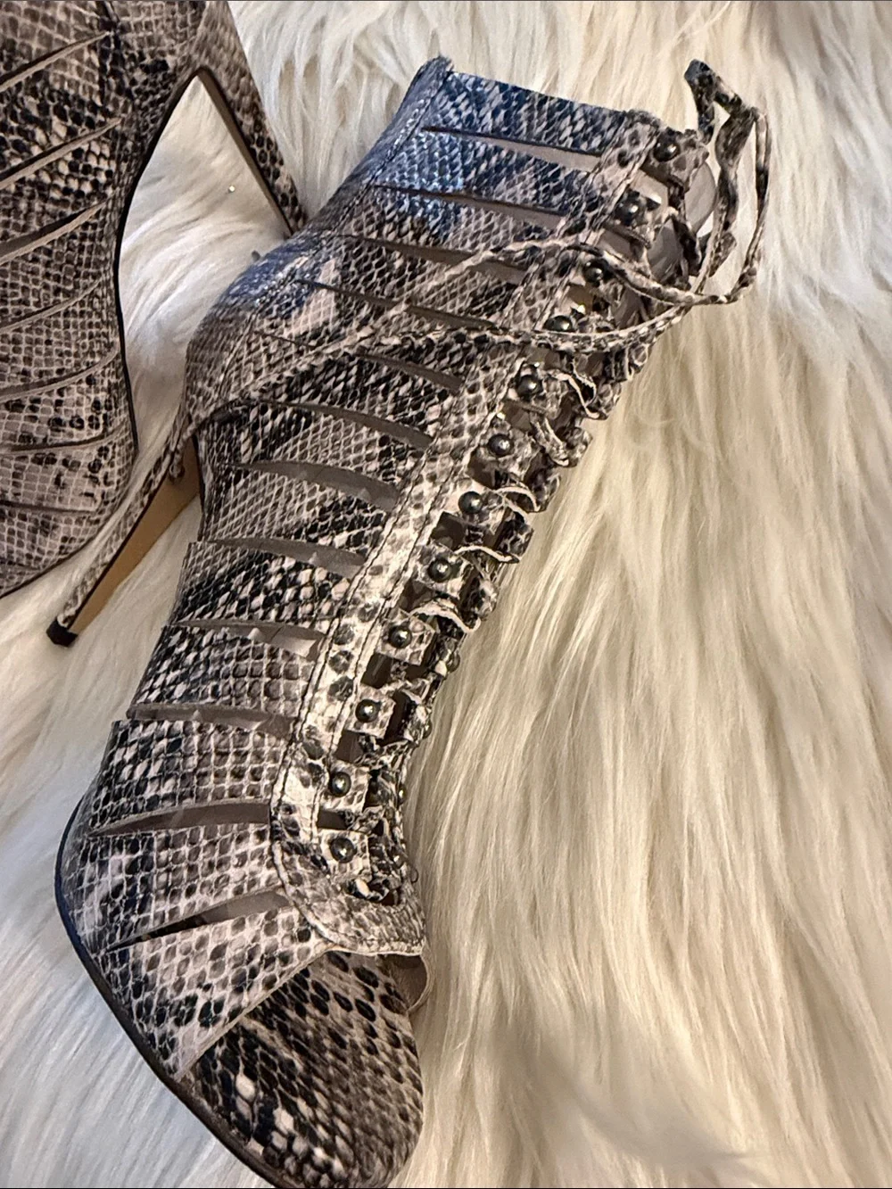 Vince Camuto Snake-Print Strappy High Heel Booties - Neutral